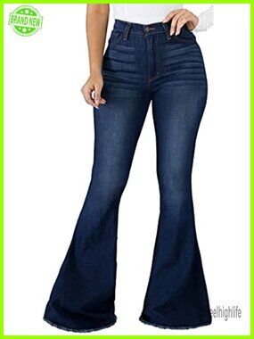 Ripped High Waisted Flare Wide Leg Denim Jeans Frayed Hem Women's